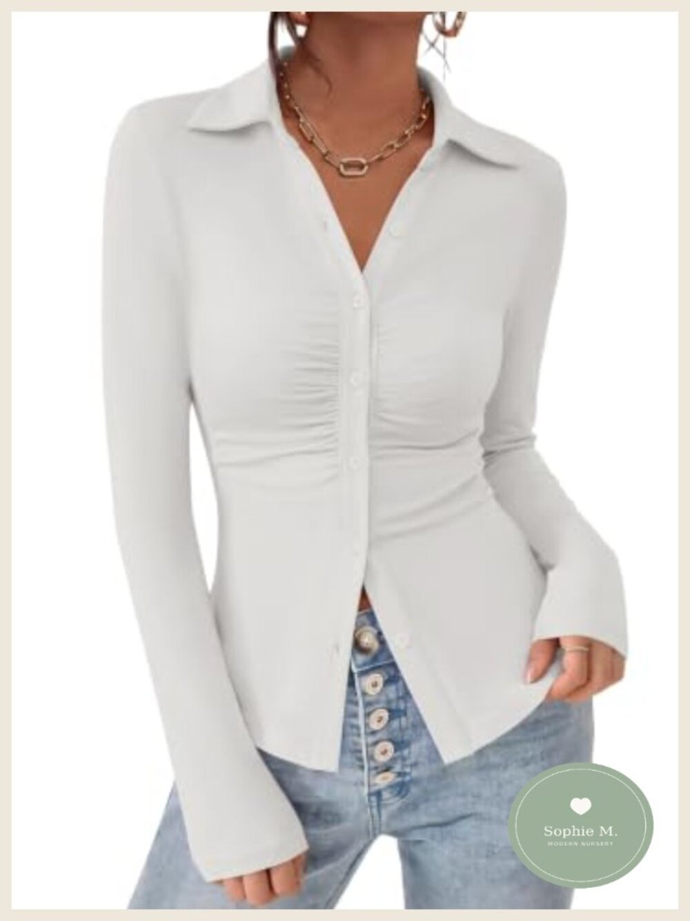 Stretch V-Neck Long Sleeve Knit Button Down Shirt Women Ruch Lay Flat